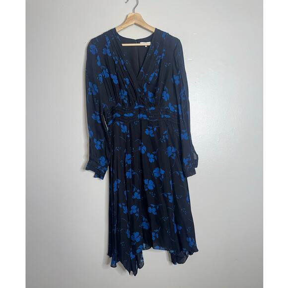 Parker Fulton Stems Long Sleeve Black & Blue Silk Blend Dress Medium - Picture 2 of 7